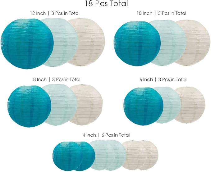 UNIQOOO 18PCS Ocean Blue Paper Lantern Wedding Party Decoration Set, Hanging Japanese Lantern Decor Supply, Easy Assemble, For Home Outdoor Baby Bridal Shower, Birthday Favor Supply, Assorted Sizes