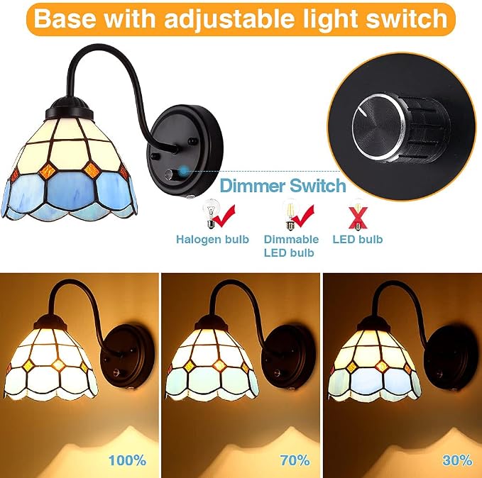 Tiffany Bedside Wall Mount Lamp with Dimmable Switch, Industrial Vintage Gooseneck Wall Sconce with Plug in Cord, Sea Blue Stained Glass Shade Wall Light Perfect for Bedroom, Living Room and Hotel