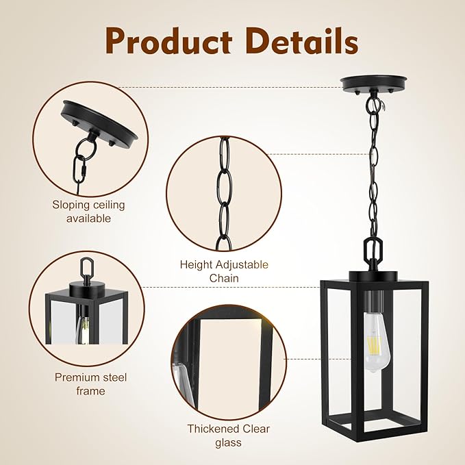 2 Pack 13" Outdoor Pendant Light for Porch,Black Lantern Hanging Chandelier with Adjustable Chain, Anti-Rust Exterior Hanging Ceiling Fixture for Hallway,Front Door,Entryway Patio.