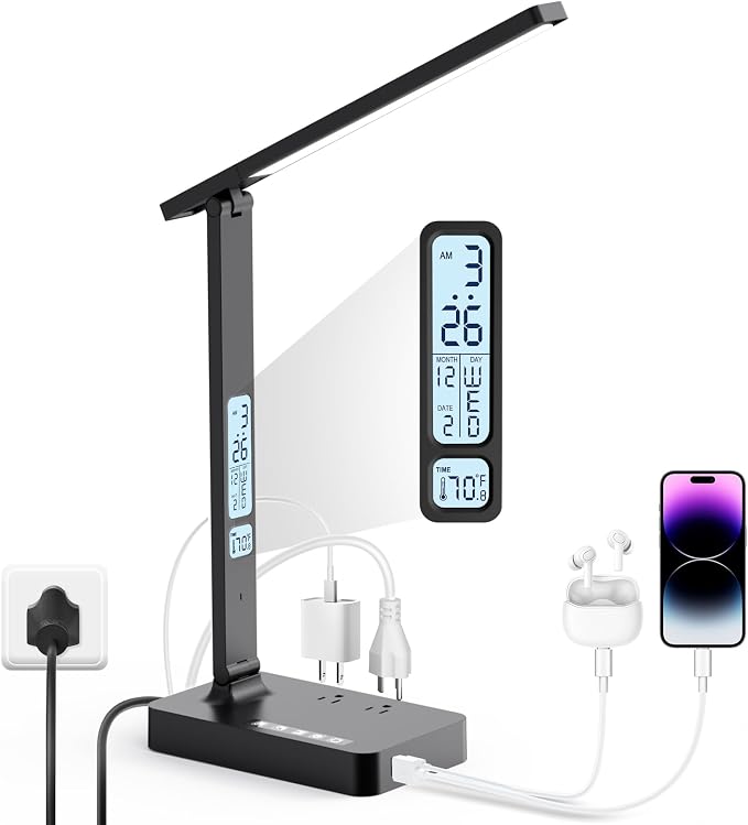 Infiway Desk Lamp with USB Charging Port: LED Stepless Dimmable Eye Caring Desk Light for Home Office - 1 Type-C, 1 USB-A Charging Port, 2 AC Power Outlets, Multiple Light Modes for Study and Bedroom