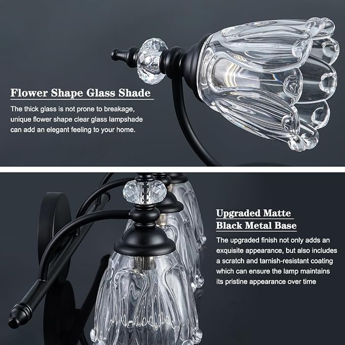 Matte Black Bathroom Vanity Light, Farmhouse Bathroom Light Fixtures Over Mirror, 3 Light Vanity Lighting Fixtures, Flower Glass Shade Wall Sconce Lighting