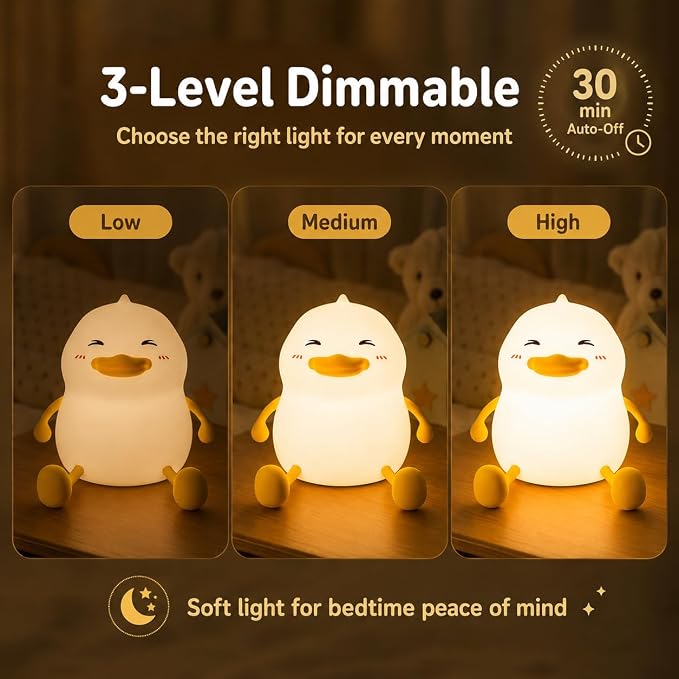Fat Duck Night Light, LED Squishy Novelty Animal Night Lamp, Food Grade Silicone 3 Level Dimmable Nursery Nightlight for Desk Decor, Funny Gifts Stuff for Boys Girls Baby, White Elephant Gifts