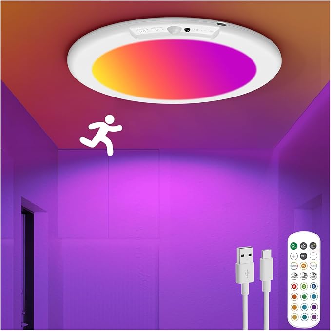Rechargeable Motion Sensor Ceiling Light with Remote, Wireless Battery Operated Closet Light with 13 Colors Changing, 0.55″ Magnetic Lights for Shower Bathroom Closet Hallway Pantry, 1 Pack