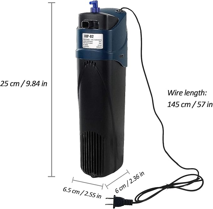COOSPIDER Aquarium Filter with 5W U-V Light JUP-02 132GPH for 20-60 Gallon | Submersible Fish Tank Filter with 5W Water Pump for Green Clean, Turtle Tank, Oxygen Supply, Deodorization, Water Cycle