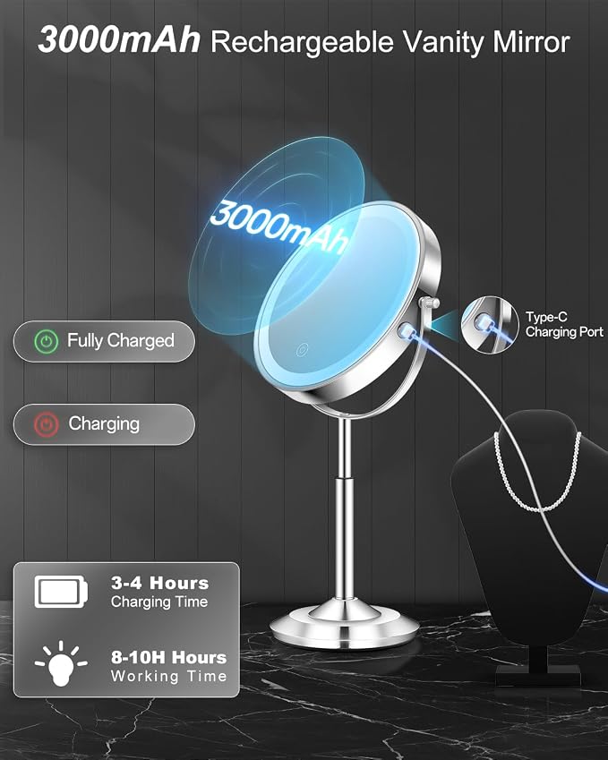 1X/30X 8" Magnifying Makeup Mirror with Lights Height Adjustable for Desk | 3000mAh Rechargeable Lighted Magnifying Mirror Double Sided Vanity Mirrors with 3 LED Lighting Touch Dimmable for Women Gift