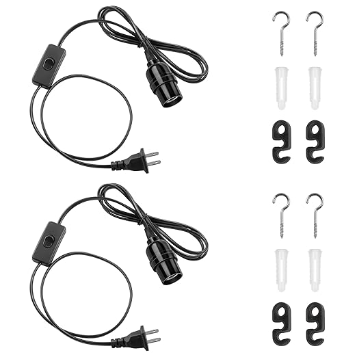 DiCUNO E26 Hanging Lantern Extension Cord Cable, Light Socket On Off Inline Cord Switch Control Lamp, 6.6 Feet (2M), Black, 2-Pack