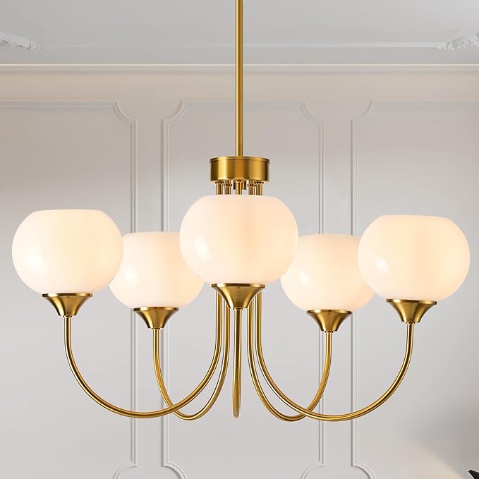 Modern Globe Chandelier 5 Light Mid Century White Milk Glass Vintage Sputnik Hanging Chandeliers Gold Pendant Light Fixtures for Dining Room Kitchen Living Room Bedroom