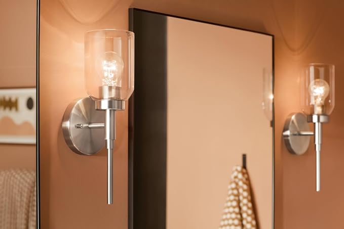 Kichler Madden 1-Light Bathroom Wall Light, Brushed Nickel | Modern wall light with clear glass for bathrooms and hallways (14.75" x 5"), 55183NI