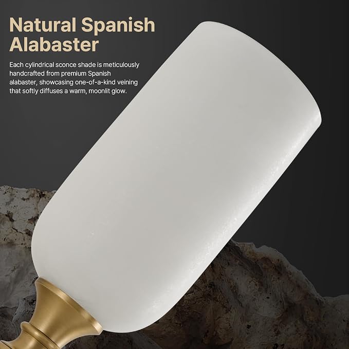 21.6" Natural Alabaster Sconce, Vintage Brass Marble Wall Light | Natural Spanish Alabaster, Vintage Inspired Design, Unique Marble Veining, Elegant Brass Finish, Statement Indoor Wall Accent