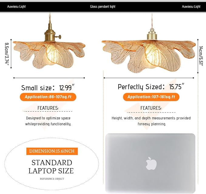 Modern Gold Brass Pendant Lights Kitchen Island, 15.74" Large Glass Pendant Light Mid Century Ceiling Hanging Lighting with Amber Hand Blown Glass Shade for Bedroom Dining Room