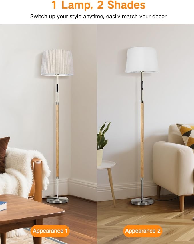OUTON Wood Floor Lamp with Remote & Touch Slider, 4 Color Temperatures, Stepless Dimmable LED Standing Lamp with 2 Interchangeable Fabric Shades for Living Room, Bedroom, Office,Wood