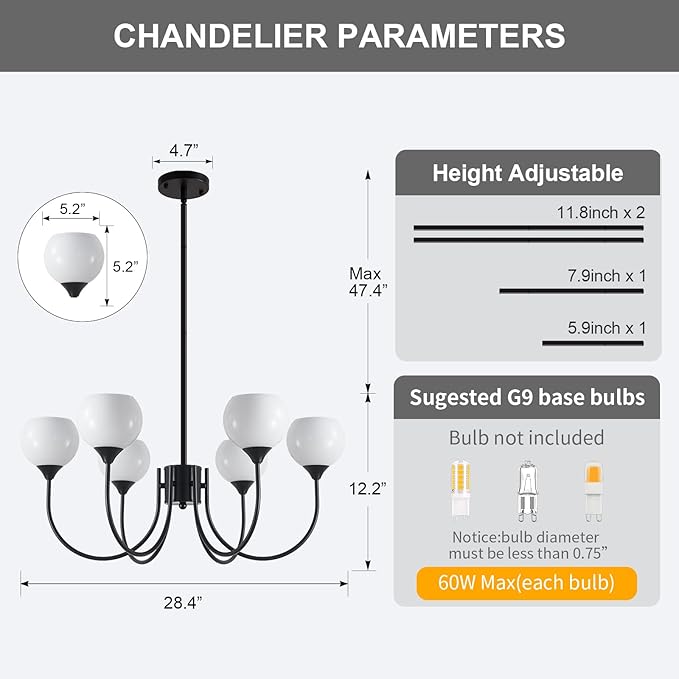 Mid Century Chandelier Light Fixture Black Sputnik Pendant 6 Lights, Modern Ceiling Light Fixture with Milk Glass Globe Adjustable for Dining Room Living Room Bedroom