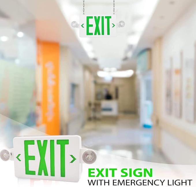 LED Exit Sign with Emergency Lights Dual LED Exit Light,Battery Backup | Two Bright LED Adjustable Heads Emergency Exit Lights, Hardwired Dual LED Combo Exit Lamp. ABS Fire Resistance UL Green