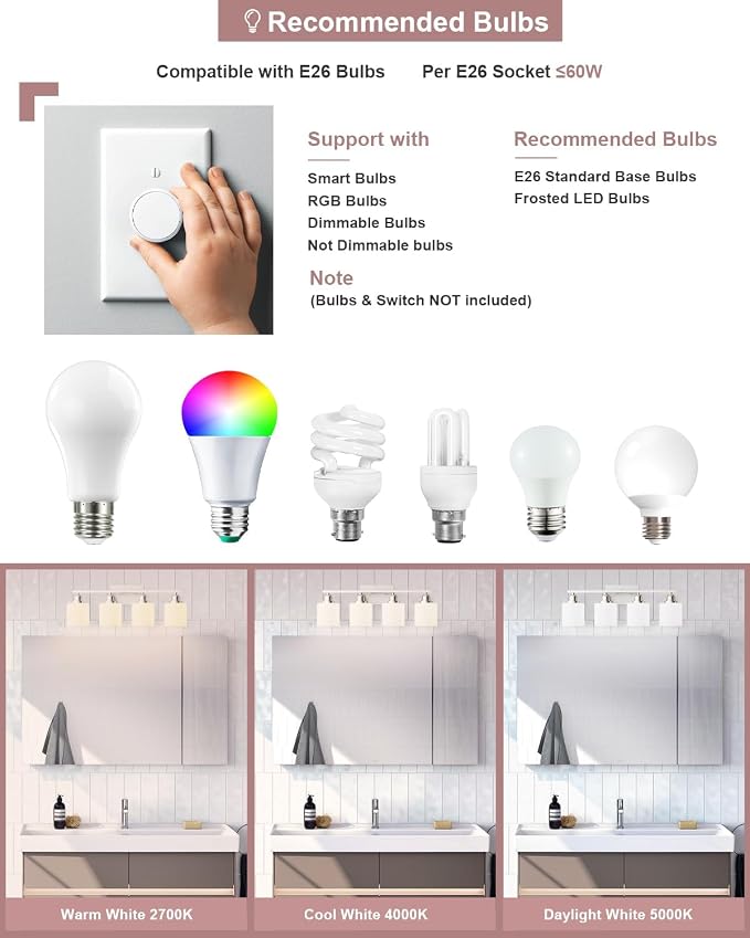 4-Light Bathroom Light Fixtures Over Mirror, Glass Shade & Anti-Rust Nickel Finished,Brushed Nickel Vanity Lights, Modern Bathroom Vanity Light, Bathroom Light for Small Space