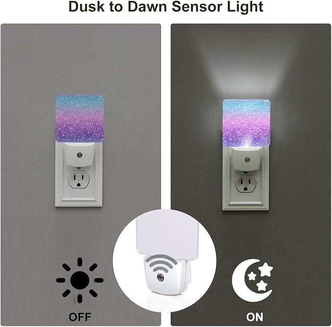 Colorful Rainbow Lightpurple and Pink and Blue LED Plug-in Night Lamp 2 Piece Set, Auto Sensor Emergency Nightlights Set of 2 for Dawn/Dusk Bedroom Kitchen Bathroom Stairs Hallway Toilet