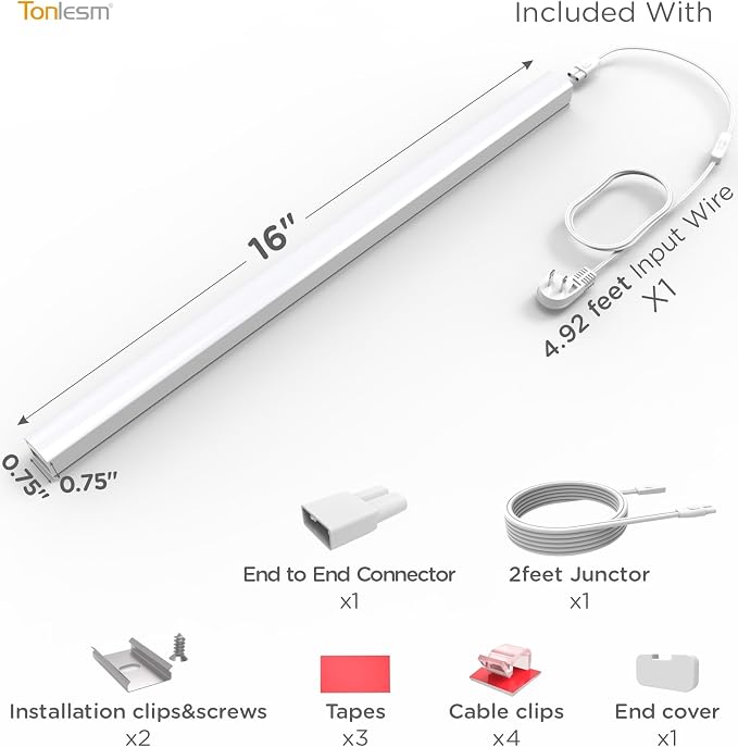 Under Cabinet Lighting Plug in AC120V 3CCT 3000/4000/5000K,Super Bright,Linkable Under Counter Lights for Kitchen,Ultra Slim LED Cabinet Light for Closet,Shelf,Sink,ETL Listed(16inch,White,1Pack)