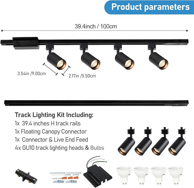 3-Color 4-Light LED Track Lighting Kit with 3.3FT H Track Lighting Rails & Canopy Connector, GU10 Dimmable Track Light Kit, Modern Kitchen Track Lighting Fixtures Ceiling Spot Light, Black