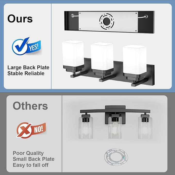 Matte Black Bathroom Light Fixtures, 3 Lights Bathroom Lighting Fixtures Over Mirror, Square Design & Rectangle Large Backplate, Modern Vanity Lighting Fixtures, for Living Room/Bedroom