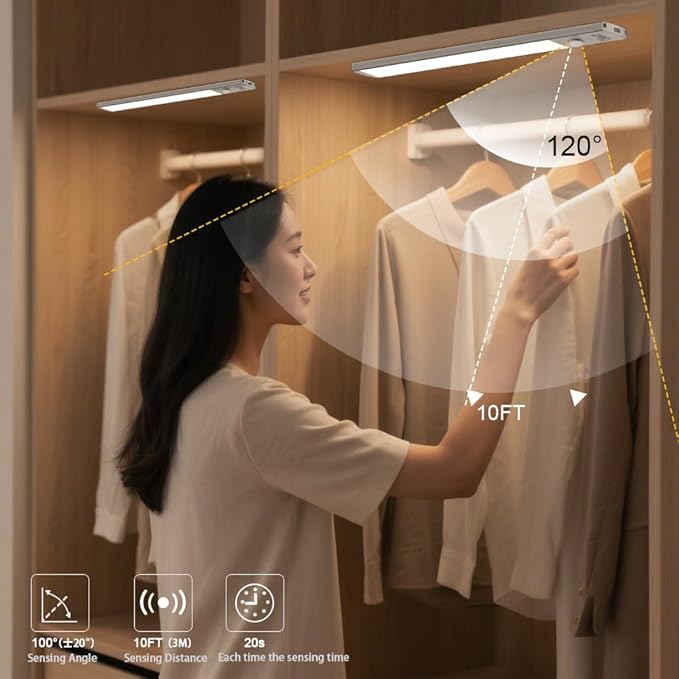 2 Pack Motion Sensor Under Cabinet Lights, 66 LED Rechargeable Closet Light with 3 Color Temps & Stepless Dimming, 2200mAh High Capacity Wireless Magnetic Light for Kitchen, Pantry, Wardrobe