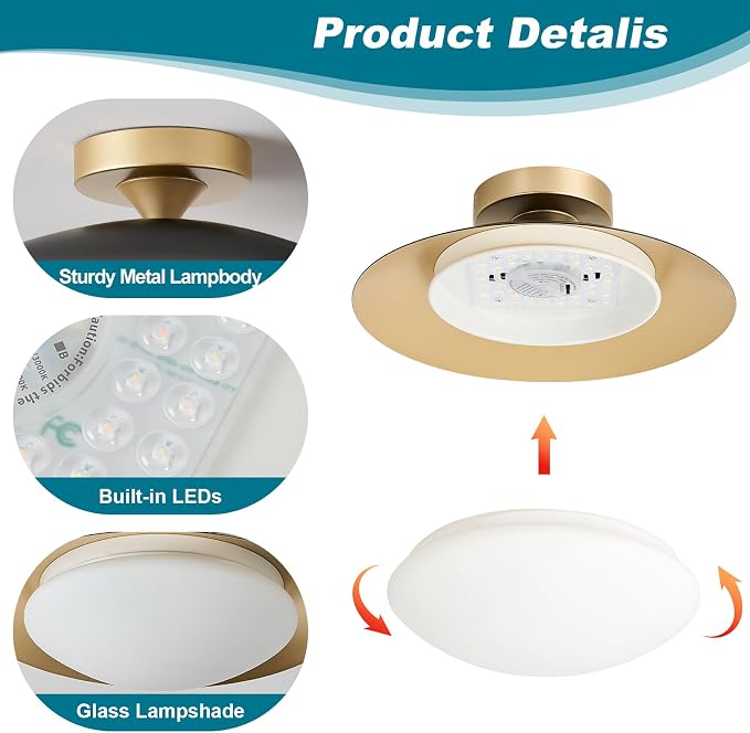 YURNYQ Dimmable Modern LED Black and Gold Ceiling Light Fixture 11.81 in | Glass Shade Kitchen Semi Flush Mount Ceiling Light Fixture,5CCT In One Light Fxiture for Hallway Bedroom Laundry Room Foyer