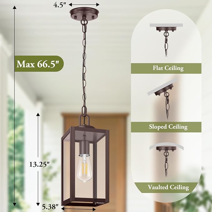 Outdoor Pendant Light, Modern Hanging Lantern for Porch, Brown | Hanging Height Adjustable, Waterproof, Rust-Resistant, Durable Metal & Clear Glass, Standard E26 Sockets, Easy to Install