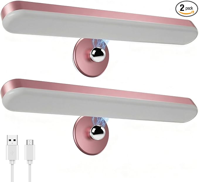 2 Pack Wireless Vanity Lights for Mirror, Rechargeable Battery Operated Makeup Light, Adjustable Light Bar, Magnetic Stick on LED Lighting Bathroom Decor Accessories, Pink