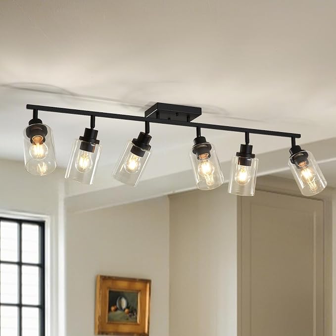 LOUSACE 6 Light Kitchen Track Light Fixtures Ceiling Vanity Lights Black, Bathroom Track Lighting Kit w/Rotatable Heads & Clear Glass Shade, Modern Wall Ceiling Tracking Light for Accent Shop Hallway