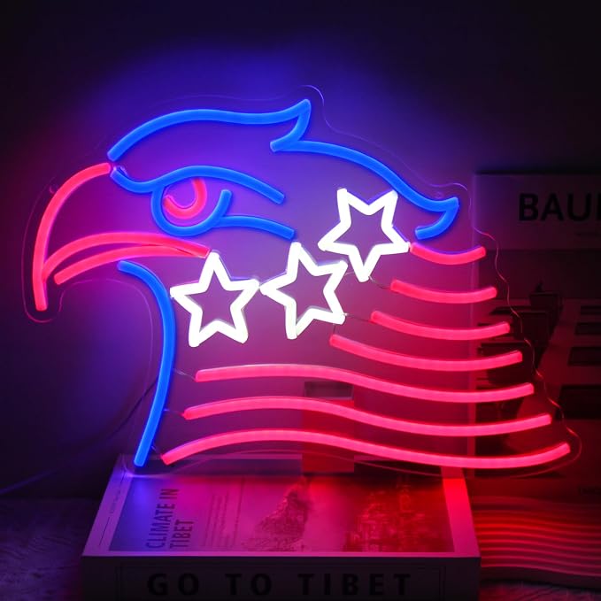Patriotic Eagle Flag Neon Sign USA Stars and Stripes Light for Wall Decor | Dimmable 4th of July Neon Sign, Acrylic Eagle LED Neon Lights for Bedroom, USB Powered, Memorial Day American Eagle Day Decor