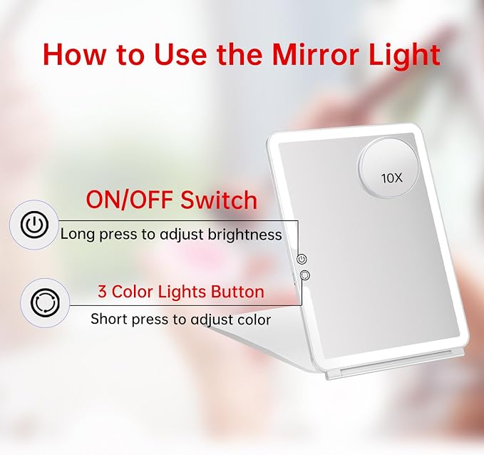 FUNTOUCH 2500mAh Rechargeable Large Travel Makeup Mirror with Lights | 10x7.5 Portable Lighted Makeup Mirror with 3 Color Lights, Dimming Folding Light Up Travel Mirrors with 10X Magnifying Mirror