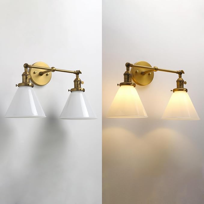 Double Sconce Vintage Industrial Gold 2-Lights Wall Sconces with Funnel Flared Glass Milk Glass Shade Antique Scocne for Bathroom Living Room Home Office