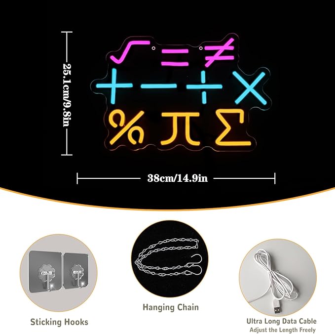 Math Neon Sign for Classroom Wall Decor Math Notate Light Up Sign Math Equation Led Light Color Formula Sign for Office Study Bedroom Home Classroom Education Active