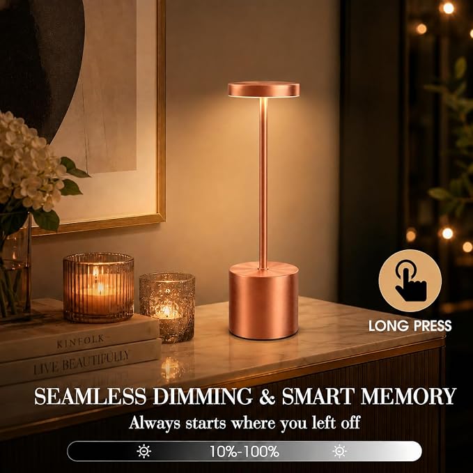 Rose Gold Cordless Table Lamps Set of 2, Battery Operated Rechargeable LED Lamps with Touch Control, 3 Color Temperatures, 5000mAh Dimmable Wireless Portable Lamp for Bedroom Nightstand Living Room
