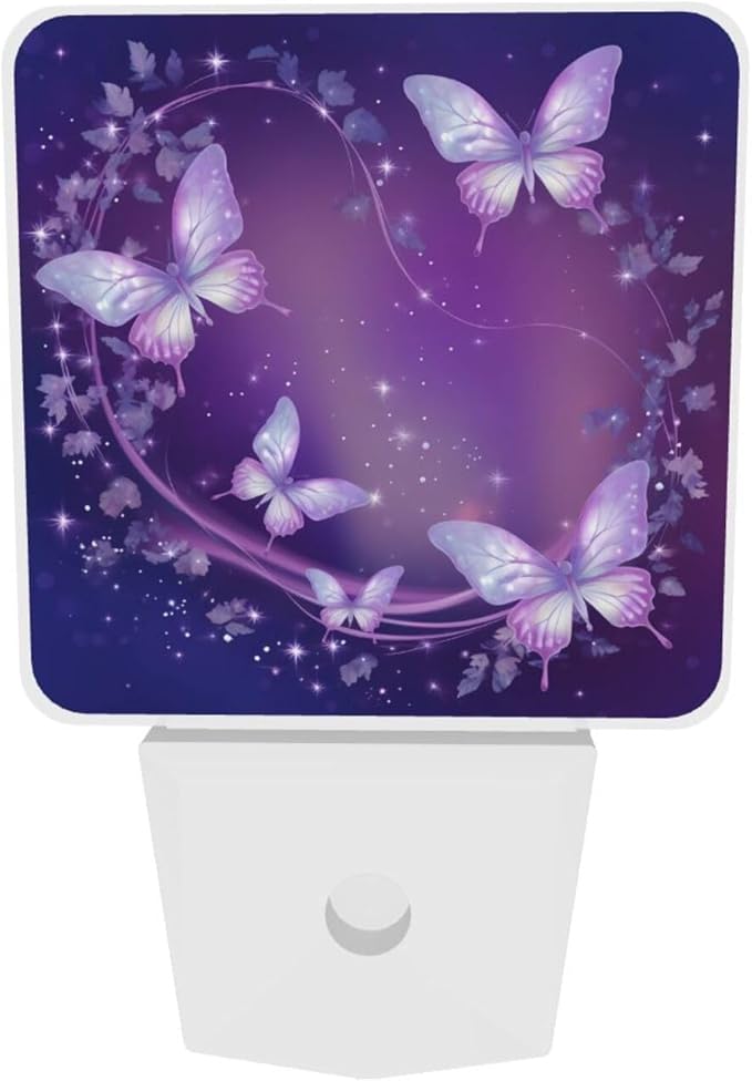 Purple Butterfly Night Light Set of 2, Sparkle Star Auto Sensor LED Dusk-to-Dawn Nightlights, Plug-in Sensor Lamp for Bedroom Bathroom Kitchen Hallway Stairs Decorative