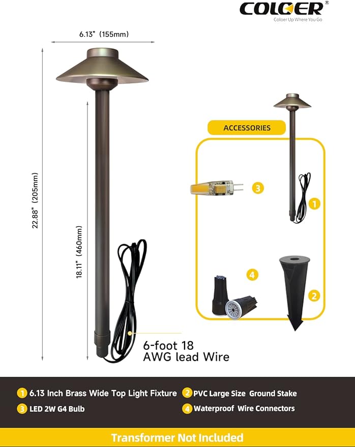 COLOER Brass Low Voltage Pathway Lights 4-Pack with 3W LED G4 Bulb (602B) | 9-17V 2700K AC/DC Heavy Duty LED Path Lights Outdoor Wired, 6.13'' Shade 22.88'' Tall, China Hat Landscape Lighting, Bronze