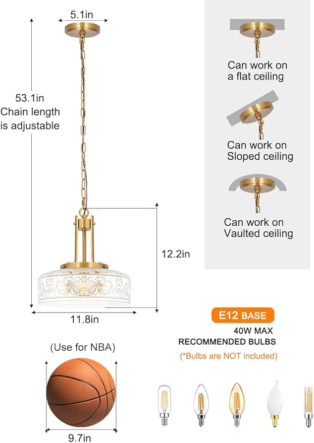 Vintage 3-Light Pendant Lights Kitchen Island, Gold Brushed Metal & Clear Glass Ceiling Pendant Light, Adjustable Gold Chandelier Light Fixture Over Dining Table ,Bathroom, Breakfast, Hallway, E12*3