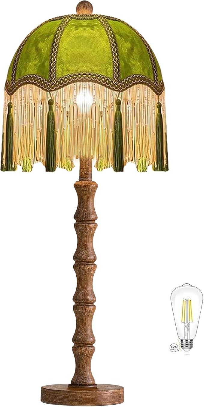 ILLMTW Vintage Table Lamp for Bedroom Living Room,Fringe Bedside Lamps Dimmable Boho Bedroom Lamp with Flower Green Lamp Shade,Mid Century Retro Tassel Unique Wood Small Nightstand Lamp Tiffany Decor
