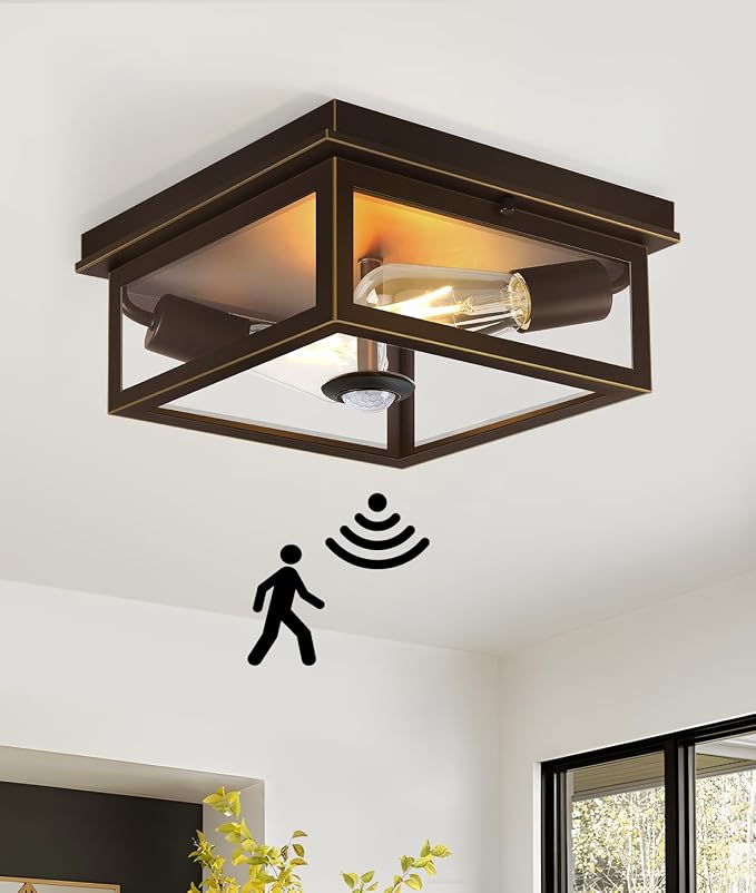 Motion Sensor Outdoor Ceiling Light with Remote, 10 Inch Brown and Gold Flush Mount Porch Light Fixture with United Glass Cover, 5 Modes Outside Flush Mount Light for Porch, Garage, Entryway