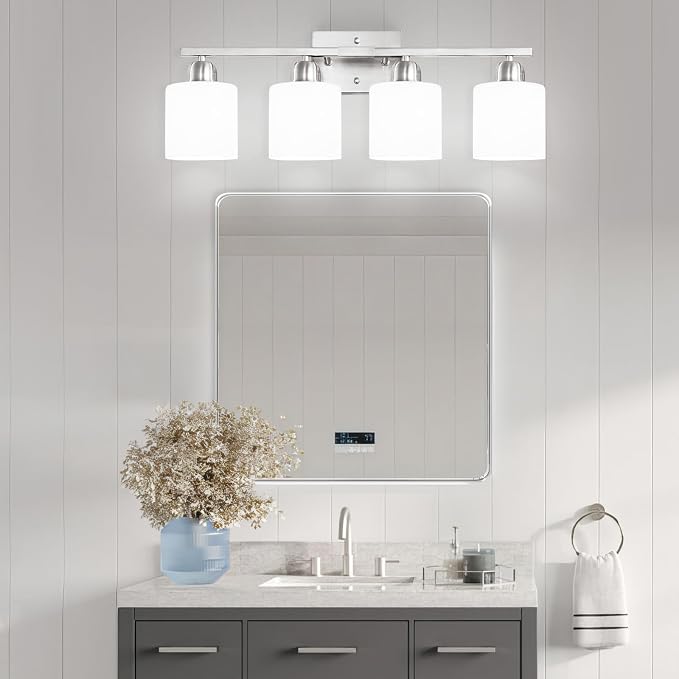 4 Light Bathroom Light Fixtures, Anti-Rust Finish Brushed Nickel Vanity Lights for Bathroom with Milky White Frosted Glass Shade for Mirror Bedroom Living Room E26 Base