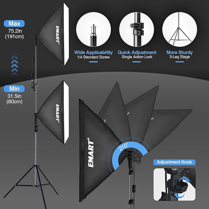 EMART Softbox Lighting Kit, 85W 20"x28" Softbox for Photography Light 2Pack | 3000K-6500K LED Bulbs with Remote, 75" Tripod, Professional Photography Lighting for Studio Lights, Portrait, Video Recording