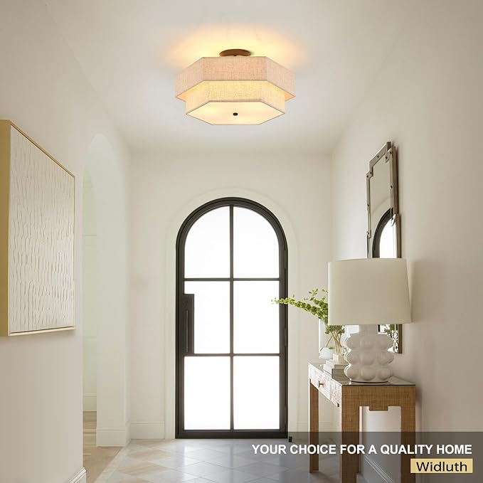 18" Large Black Semi Flush Mount Ceiling Light, 3-Light Fixture | Beige Linen Double Hexagonal Shade, Modern Black Finish For Bedroom, Dining, Living, Hallway, Entryway; Close-To-Ceiling, E26