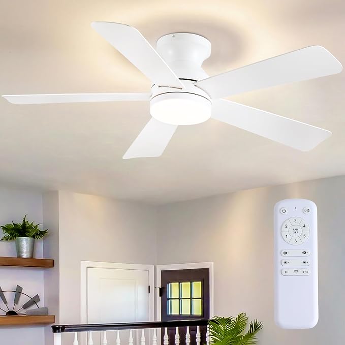 46 inch Ceiling Fans with Lights, White Flush Mount Ceiling Fan with Remote, 3CCT, LED Dimmable, Reversible, 6 Fan Speeds, Quite Low Profile Ceiling Fan with Lights Modern Bedroom Kitchen Indoor