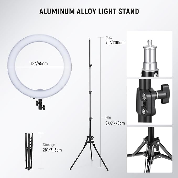 NEEWER 55W 18"/45cm Ring Light Kit [New Version], 5600K Dimmable LED Ringlight Tripod Stand Phone Holder for iPhone Selfie Makeup Lash Tattoo Studio Photo Video Recording Photography Lighting, RL-18