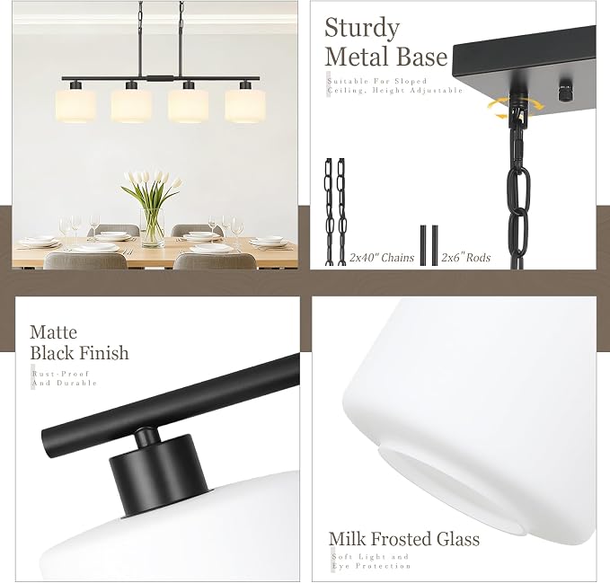 4-Light Kitchen Island Lighting, Modern Black Linear Dining Room Chandelier Light Fixtures with Milk Glass and Chain, Farmhouse Hanging Lights for Kitchen Island Dining Room, OS-YQ8153-4ISBKW