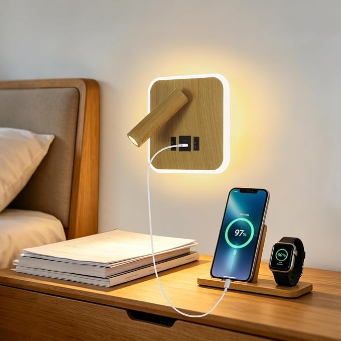Wall Mounted Reading Lights with Plug in Wall Sconce&Hardwired | Wall Lamp for Bedroom With USB C+A Ports, Bedside Reading Lamp with 9W Night Light, Wood Color Reading Light Adjustable Angle