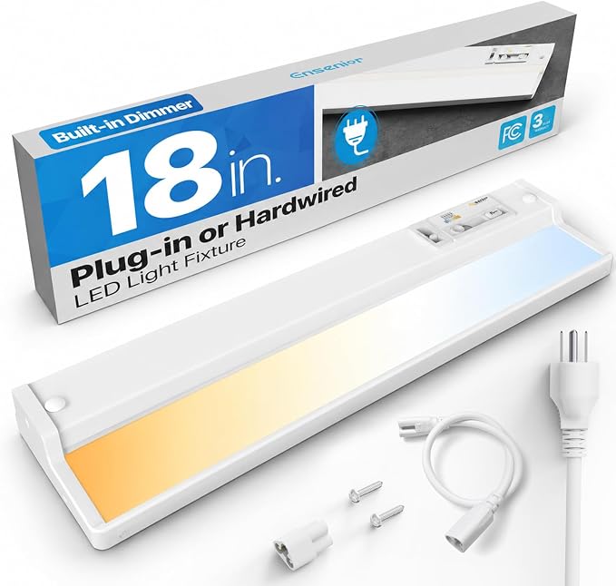 Ensenior Plug in or Hardwired Under Cabinet Lighting, 18 Inch 10W | Heat-dissipating Aluminum, Built-in Switch & 4-Level Dimmer, 5 Colors, 2 Link Options, True-Color CRI90+, Moisture-Proof, FCC