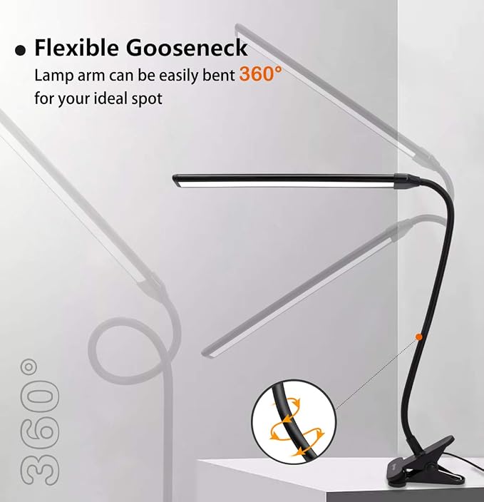 Clamp on Lamp, Clip Light, Desk Lamps 3 Color Temperature Setting, 10 Brightness Levels, 2m USB Cord Power Supply and AC Adapter Included, Pack of 2 (Black)