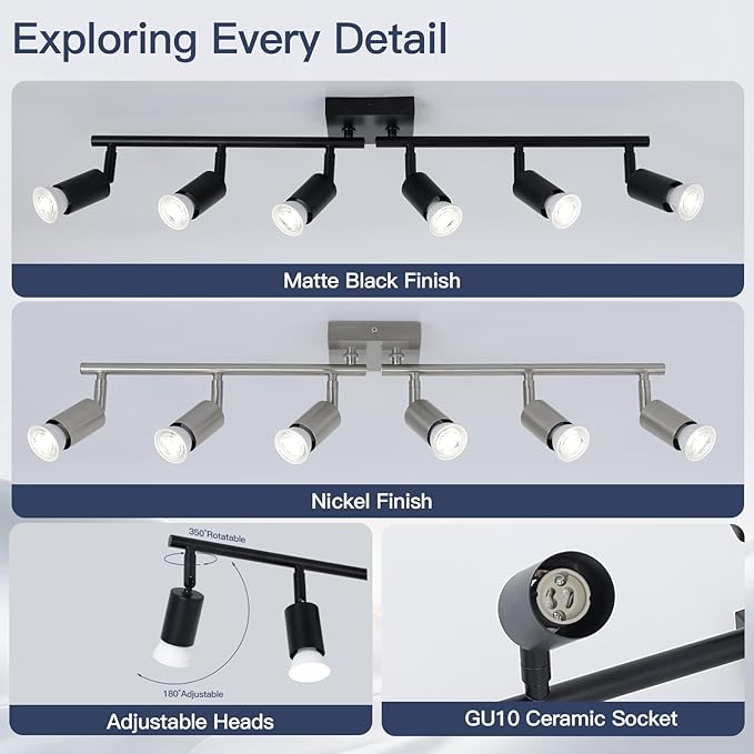 SEEBLEN 6-Light Kitchen Track Lighting, Black Adjustable GU10 Track Ceiling Light Kit, Industrial Flush Mount Ceiling Spotlight Fixture for Hallway, Dining Room