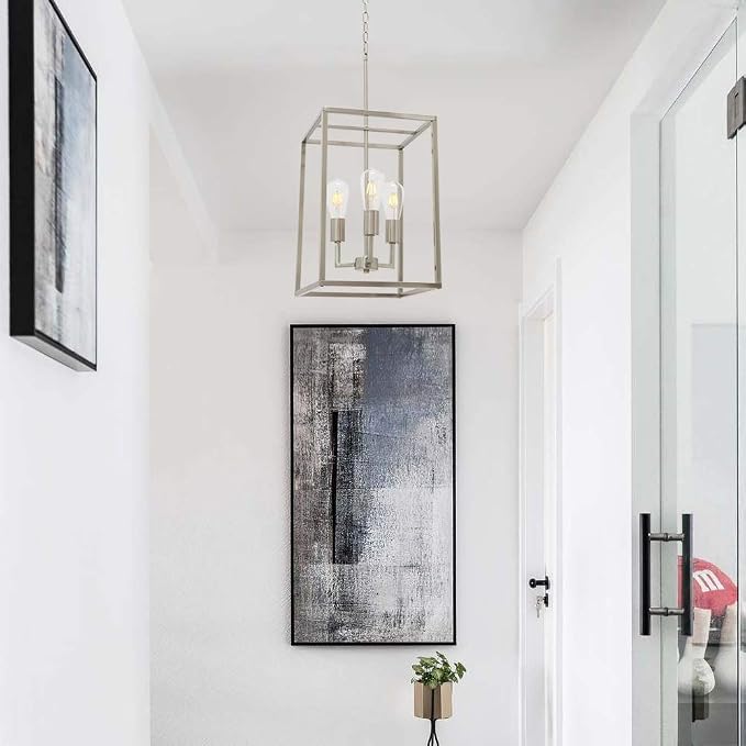 3 Light Classic Indoor Chandelier Brushed Nickel Finish Foyer Lantern Pendant Lighting for Hallway Kitchen Dining Room