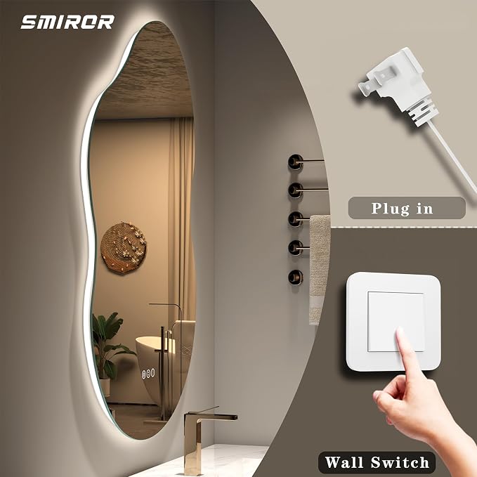 SMIROR 40x24 Irregular Backlit Led Lighted Bathroom Vanity Mirror | Asymmetrical, Cloud Shape, Anti-Fog, 3 Colors, Dimmable, Memory, Tempered Glass, UL
