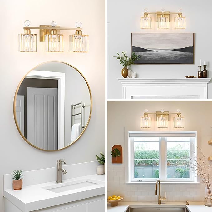 Bathroom Vanity Light Fixture 3-Light - Vanity Lights for Bathroom with Crystal Shade Gold Metal, Easy Install No Drilling Needed, Shadow-Free Illumination for Modern Bathroom Mirror Decor